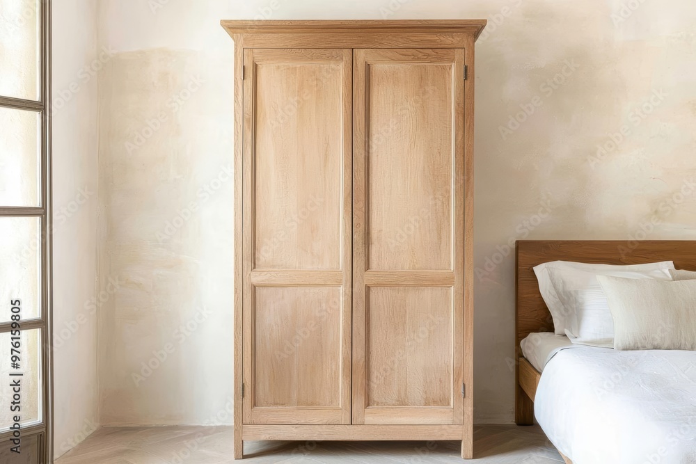 Fototapeta premium Handcrafted oak armoire with detailed woodwork, standing proudly in an antique-styled bedroom, oak furniture, wood craftsmanship