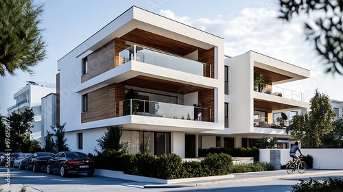 Modern apartment building with a white facade and wooden accents, a glass railing, and a cyclist in the foreground.