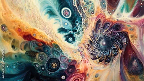 A colorful, abstract swirl of paint with a central, glowing orb.