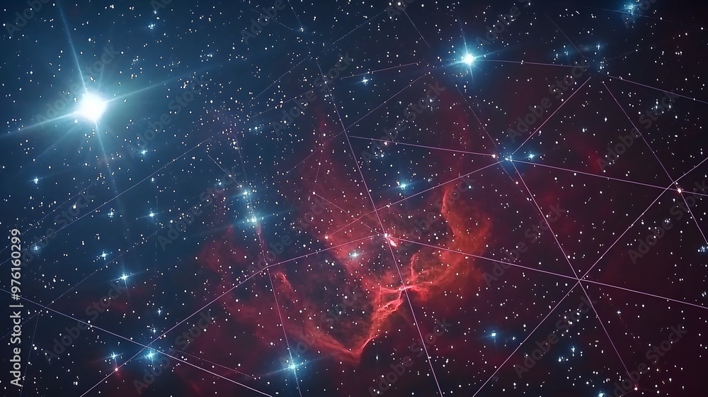 Nebula Mirage : Against an azure backdrop, polygonal lines weave like mirages in the cosmic desert. Reds and blues blend seamlessly, hinting at hidden wonders. The unmarked space invites captions Nebula Mirage : Against an azure backdrop, polygonal lines weave like mirages in the cosmic desert. Reds and blues blend seamlessly, hinting at hidden wonders. The unmarked space invites captions