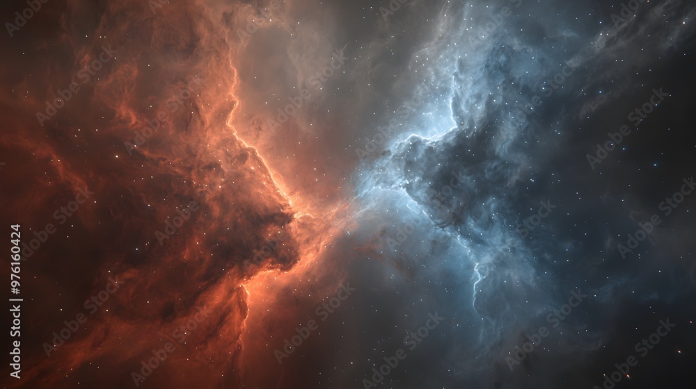 Fototapeta premium Nebula Nexus : In this image, nodes converge—a nexus of cosmic energies. Reds and blues blend harmoniously. The unoccupied portion is like a portal—ready for your audience to step into the unknown. 