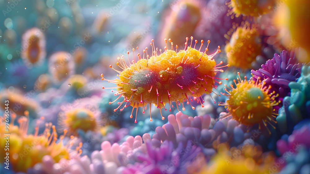 Vibrant and surreal depiction of microscopic life forms, featuring vivid colors and intricate textures in an otherworldly, fantasy environment Vibrant and surreal depiction of microscopic life forms, featuring vivid colors and intricate textures in an otherworldly, fantasy environment