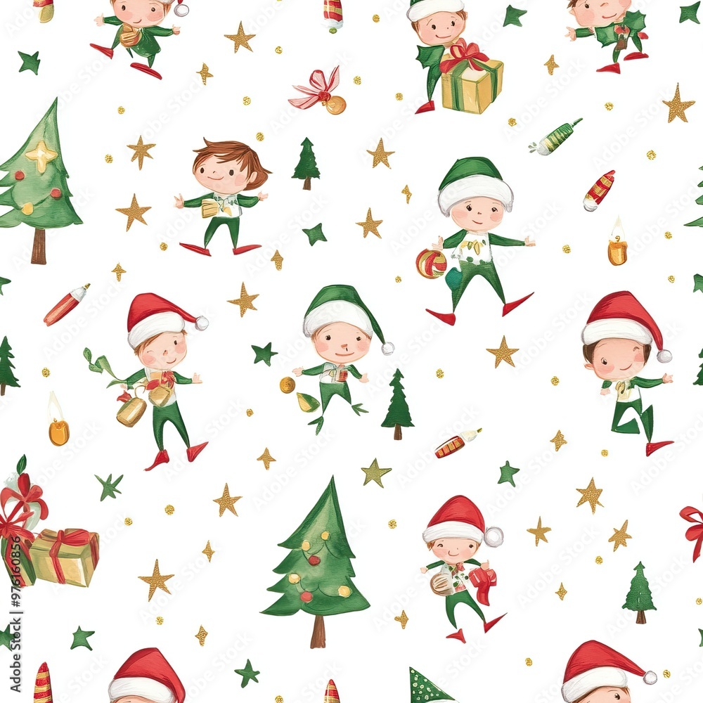 Festive Elves and Christmas Trees. Gift wrapping paper pattern. AI generated image Festive Elves and Christmas Trees. Gift wrapping paper pattern. AI generated image