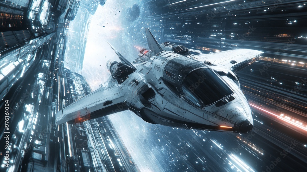A futuristic spaceship glides through a dazzling warp tunnel. Bright lights and stellar elements enhance its sleek design. This sci-fi image captures adventure and exploration. AI A futuristic spaceship glides through a dazzling warp tunnel. Bright lights and stellar elements enhance its sleek design. This sci-fi image captures adventure and exploration. AI