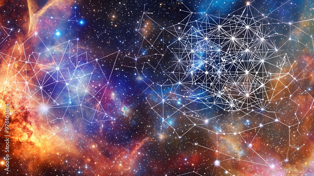 Astral Lattice : Against the starry backdrop, polygonal nodes form a lattice—a cosmic scaffold. The white lines hum with energy. It’s like a blueprint for the birth of galaxies. 