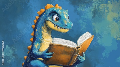 Fototapeta Naklejka Na Ścianę i Meble -  Blue dinosaur reading a book on blue background