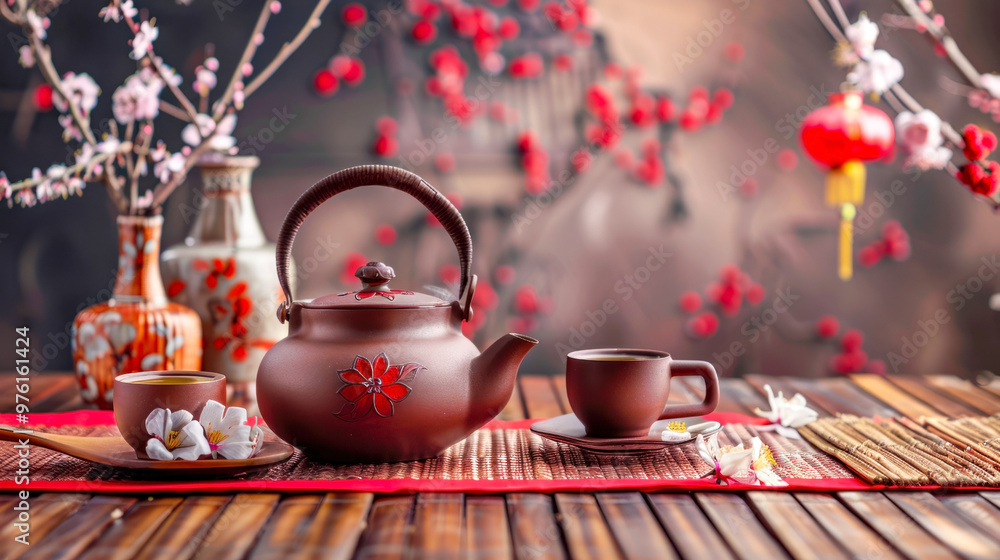Fototapeta premium Elegant tea set amid cherry blossoms celebrating chinese culture and tradition, teapot and jasmine tea on the festive table for the Moon Festival