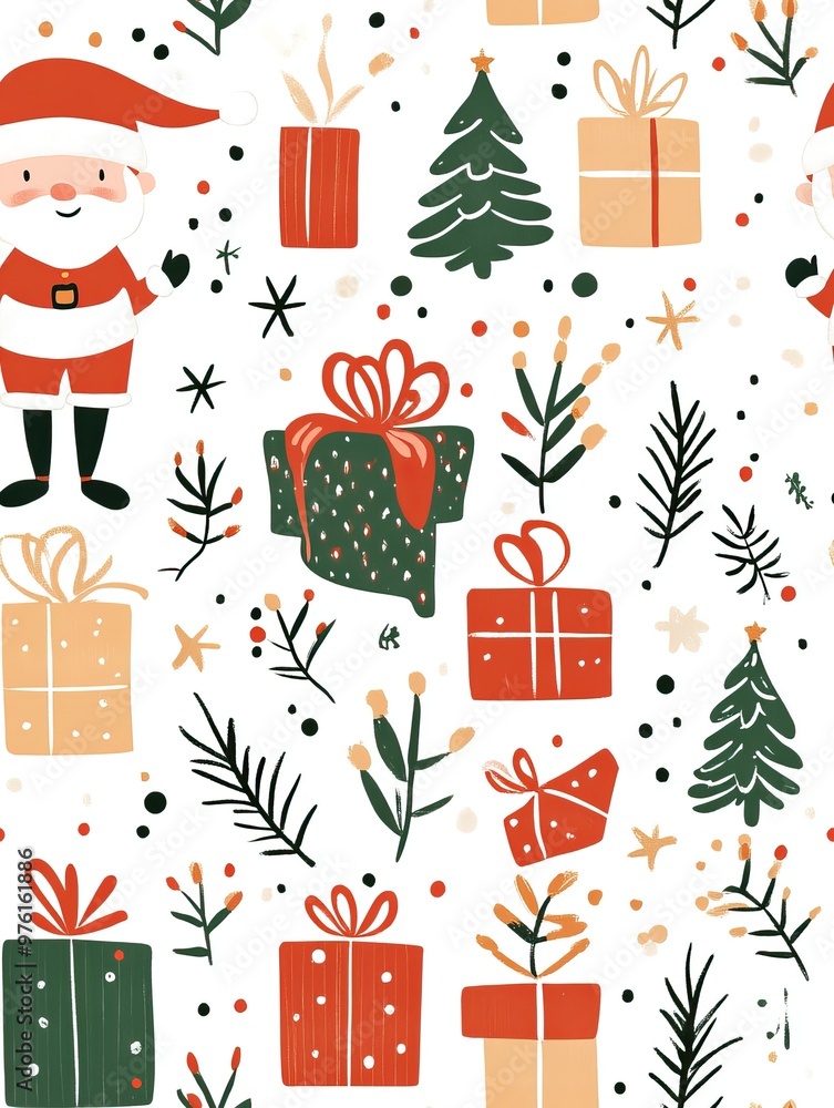 Santa and Elves with Gifts Pattern. Gift Wrapping paper. AI generated image Santa and Elves with Gifts Pattern. Gift Wrapping paper. AI generated image