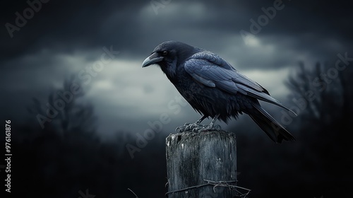 a crow sits on top of a post in the dark