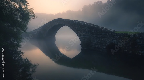 A stone arch bridge over a misty lake at sunrise. photo