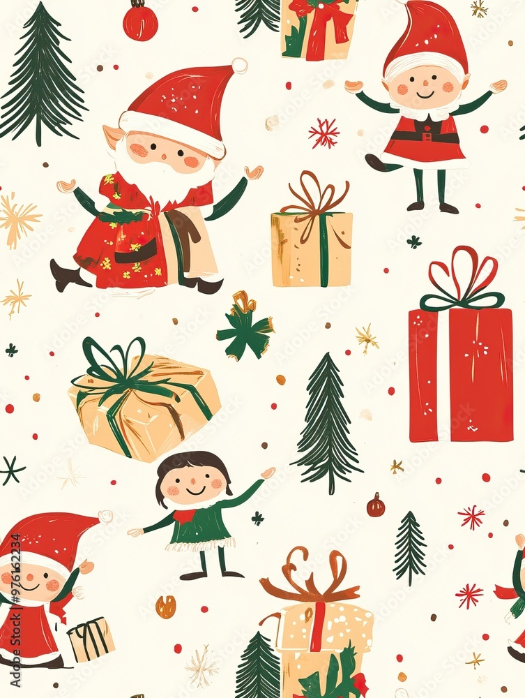Santa and Elves with Gifts Pattern. Gift Wrapping paper. AI generated image Santa and Elves with Gifts Pattern. Gift Wrapping paper. AI generated image