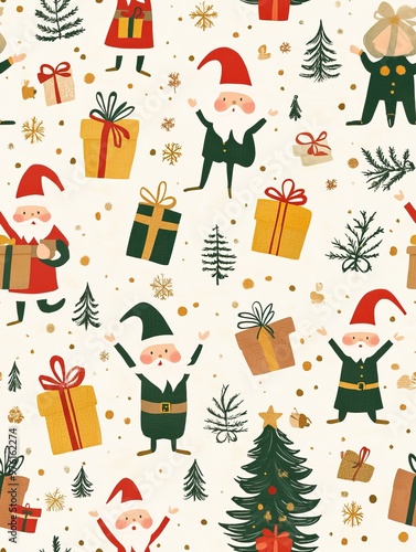 Santa and Elves with Gifts Pattern. Gift Wrapping paper. AI generated image