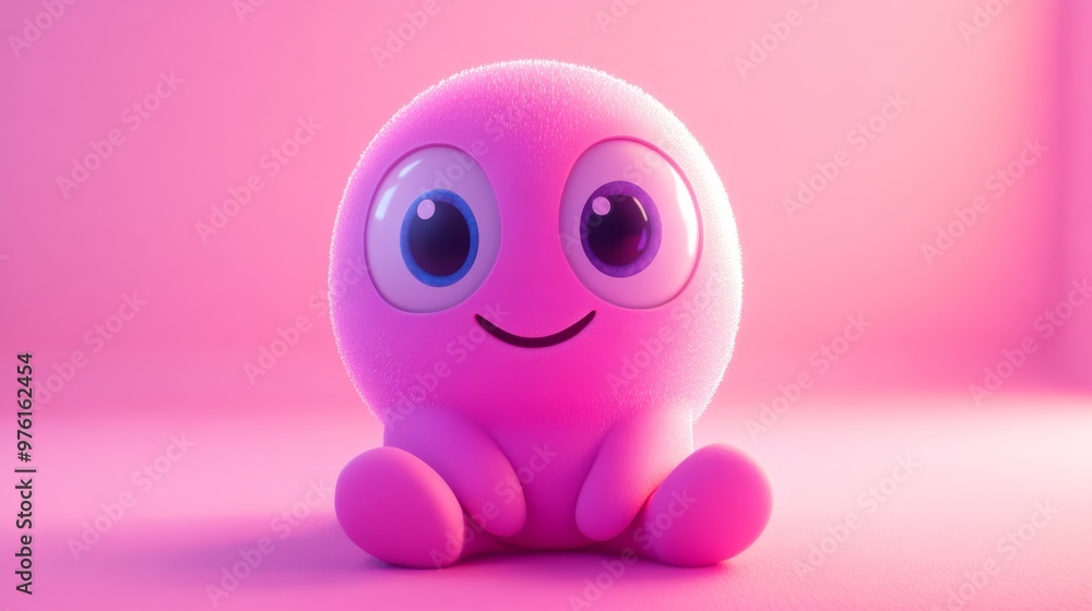 Cute furry 3d character smiling and sitting on pink background Cute furry 3d character smiling and sitting on pink background