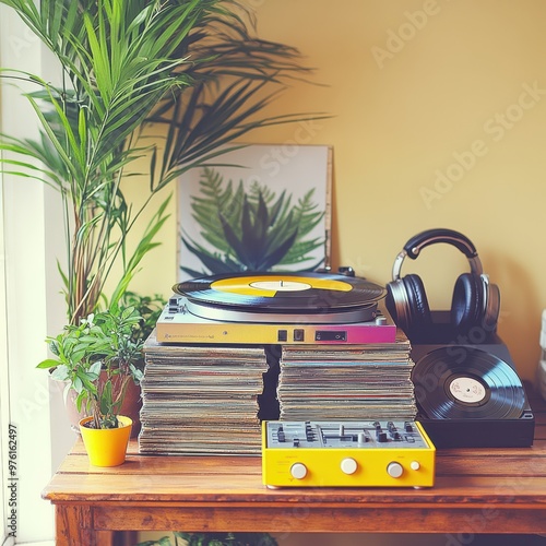 a desk with a stack of records, a plant and a pair of headphones photo