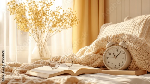 a bed with a clock and books on it photo