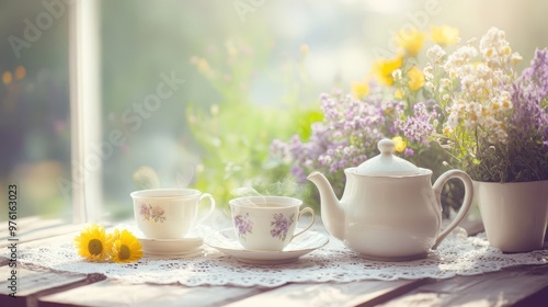 a table with a teapot, cups and flowers on it photo