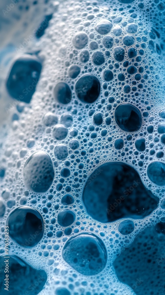 Close-up of soap bubbles in a vibrant blue texture, abstract macro photography. Cleaning and hygiene concept Close-up of soap bubbles in a vibrant blue texture, abstract macro photography. Cleaning and hygiene concept