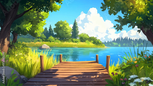 Wooden Path To Calm Lake Cartoon Illustration For Childrens Book Scenic Wooden Pathway Serene Lake Scene Colorful Nature Setting Whimsical Kids Storybook Peaceful Outdoor