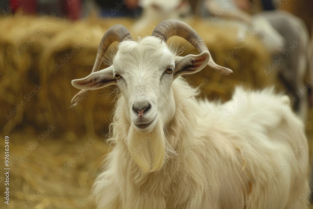 A goat investigating a new object or food source, its nose twitching as it explores with curiosity A goat investigating a new object or food source, its nose twitching as it explores with curiosity