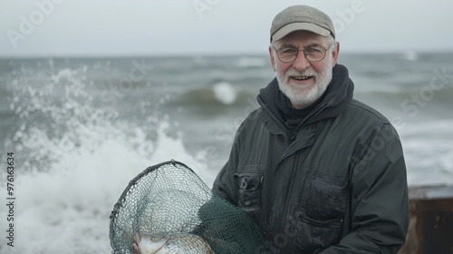 an older man holding a fish in the ocean