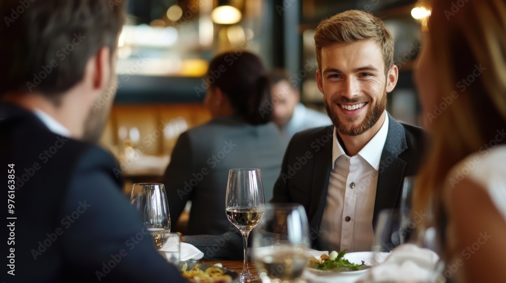 Young man smiling during a fine dining experience with friends Young man smiling during a fine dining experience with friends