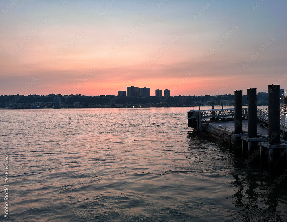 Hudson River West Harlem Piers Manhattan New York City. View of New Jersey. Sunset Hudson River West Harlem Piers Manhattan New York City. View of New Jersey. Sunset
