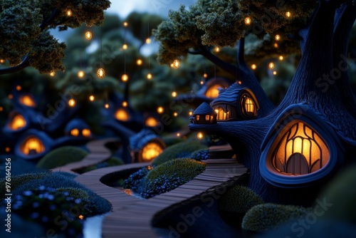 Magical Elven Forest visualized in a serene forest landscape, featuring glowing trees, floating lights, and elven homes built into the branches photo