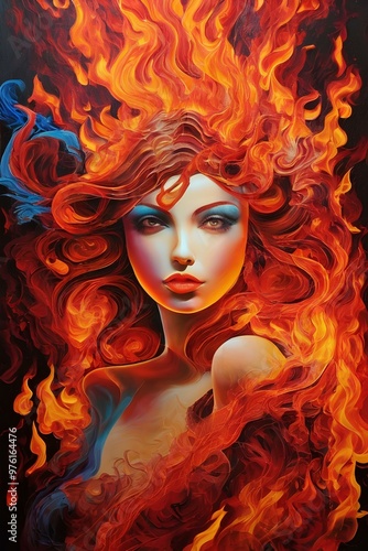 A blazing inferno of a woman with vibrant colors