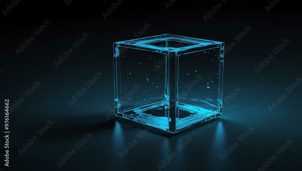 Light blue cube with neon edges floating on dark water. Light blue cube with neon edges floating on dark water.