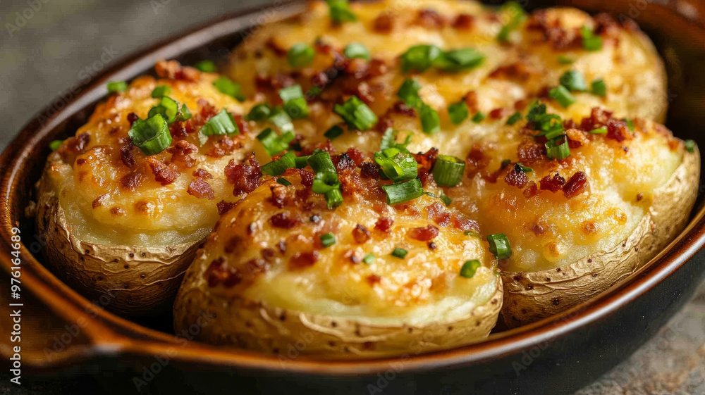Stuffed baked potatoes topped with cheese, bacon, and chives in a dish. Stuffed baked potatoes topped with cheese, bacon, and chives in a dish.