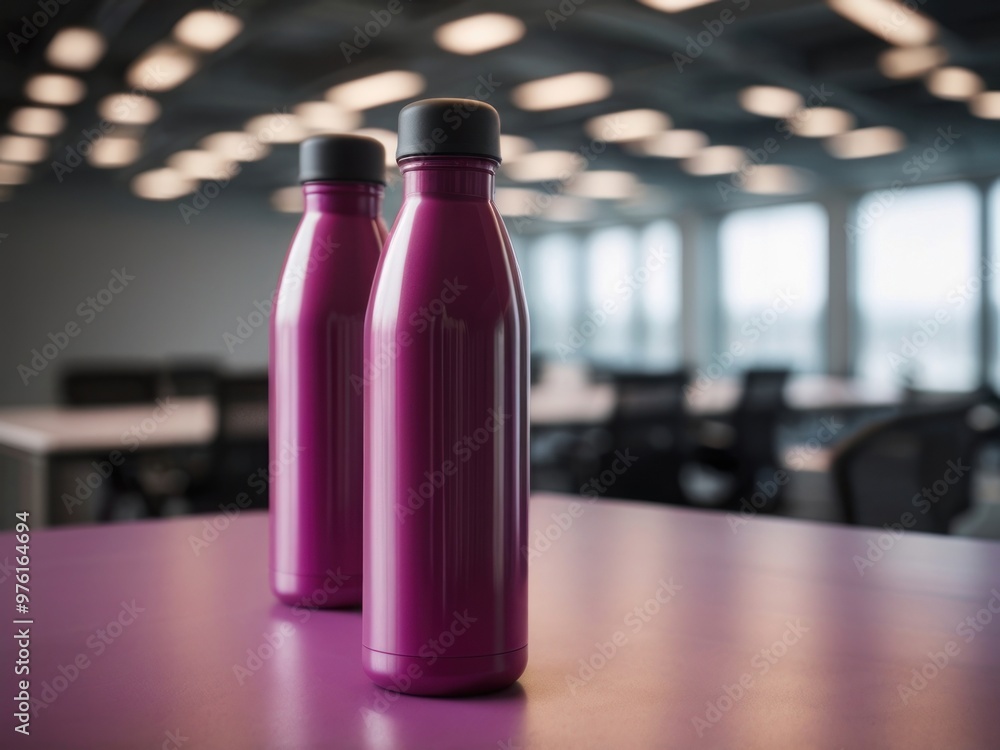 Blank purple thermos bottle on wooden table with blurred office background. Tumblr bottle mockup Blank purple thermos bottle on wooden table with blurred office background. Tumblr bottle mockup