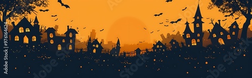 A Halloween vector background with spooky haunted houses and isolated bats on a solid orange background depth of field