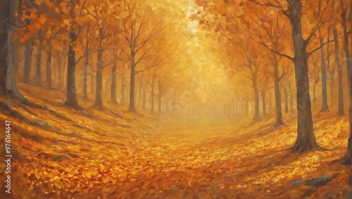 Pointillism style painting - Autumn Colors - Forest landscape showing a path fully covered with leaves getting lost in the far background