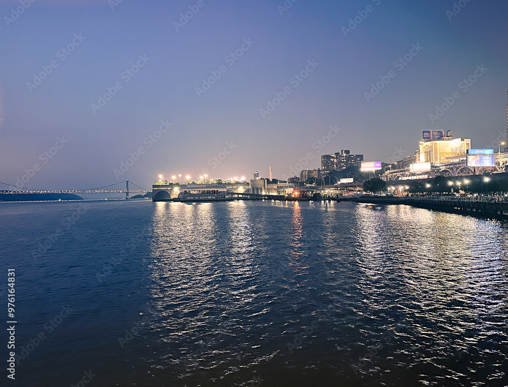 Hudson River at Night. View of George Washington Bridge. West Harlem Piers. Manhattan New York City Hudson River at Night. View of George Washington Bridge. West Harlem Piers. Manhattan New York City