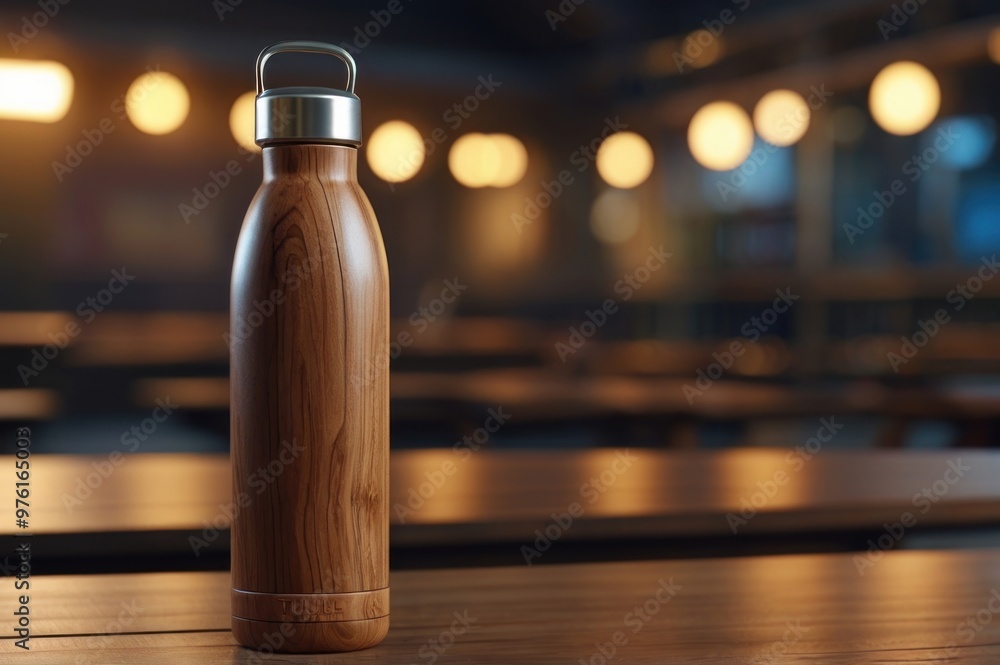 Blank wooden thermos bottle on wooden table with blurred office background. Tumblr bottle mockup Blank wooden thermos bottle on wooden table with blurred office background. Tumblr bottle mockup
