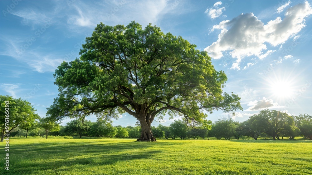 Tranquil Landscape with a Majestic Tree and Green Grass Tranquil Landscape with a Majestic Tree and Green Grass