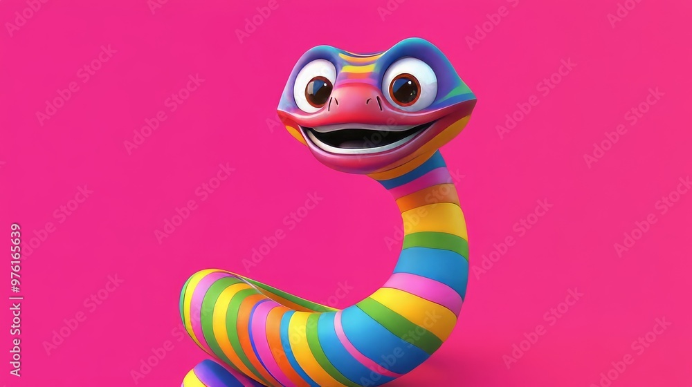 Fototapeta premium Happy colorful cartoon snake smiling on pink background