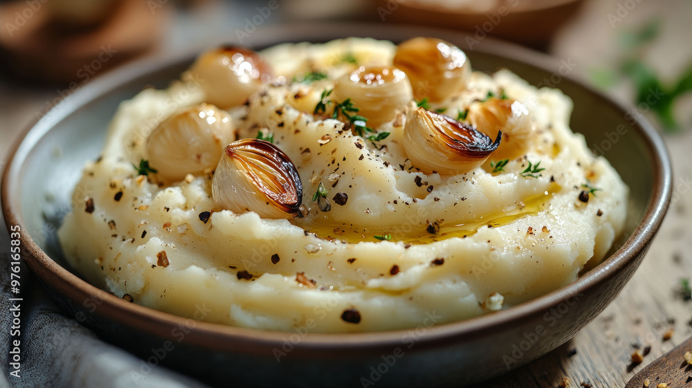 Mashed potatoes with roasted garlic and herbs in a bowl. Mashed potatoes with roasted garlic and herbs in a bowl.