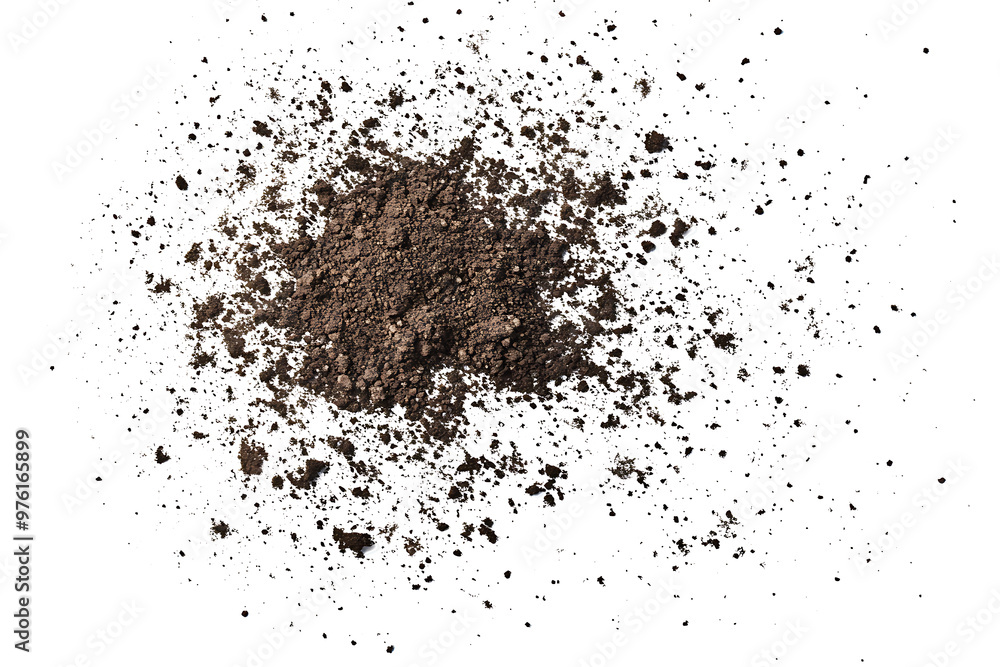 Soil dirt flying pile scattered isolated on white background Soil dirt flying pile scattered isolated on white background