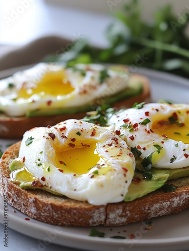 Toast with poached eggs and avocado, sprinkled with herbs.