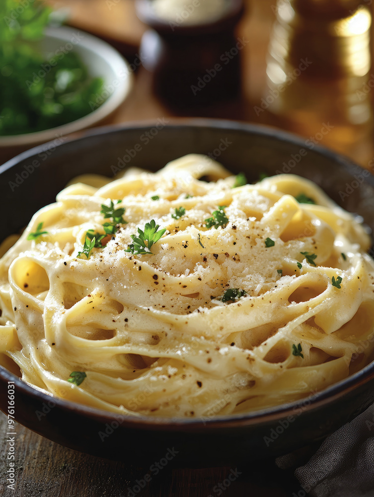 Close-up of a bowl of creamy fettuccine Alfredo garnished with parsley. Close-up of a bowl of creamy fettuccine Alfredo garnished with parsley.