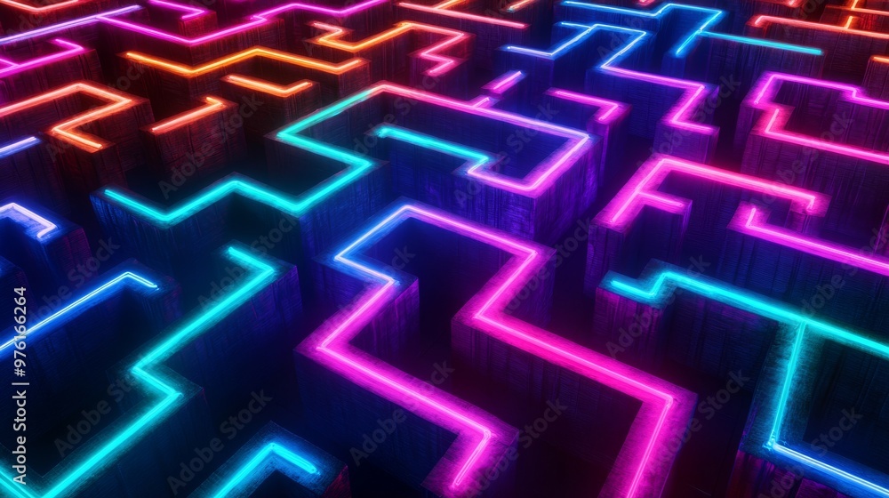 Neon maze with glowing walls at night Neon maze with glowing walls at night