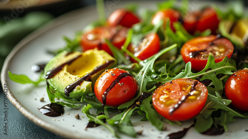 Fresh salad with arugula, tomatoes, avocados, and balsamic dressing.