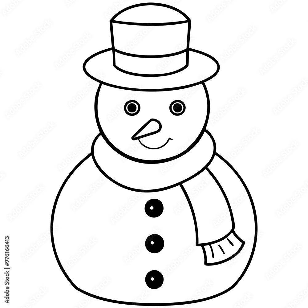 A classic snowman with a hat, scarf, and buttons, using simple shapes and lines vector A classic snowman with a hat, scarf, and buttons, using simple shapes and lines vector