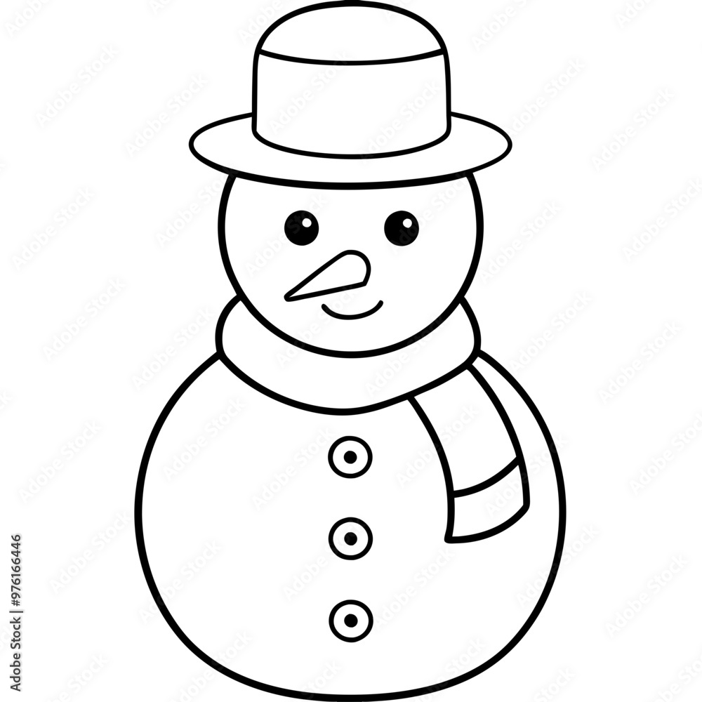 A classic snowman with a hat, scarf, and buttons, using simple shapes and lines vector A classic snowman with a hat, scarf, and buttons, using simple shapes and lines vector