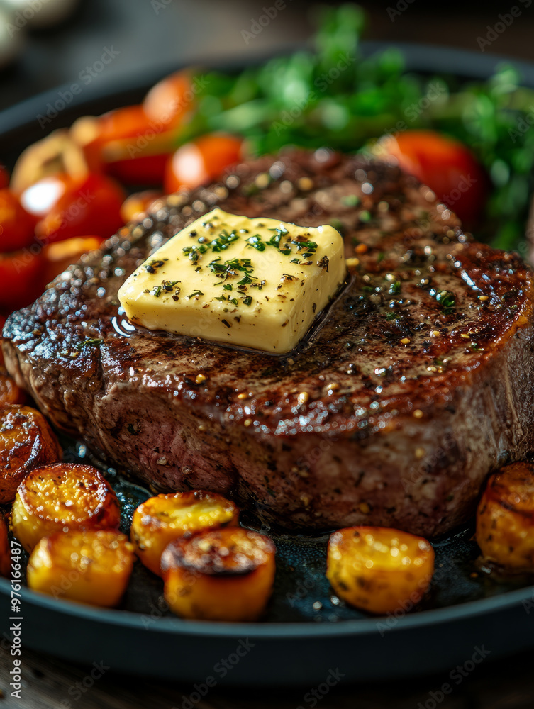 Grilled steak with herb butter and vegetables on a plate. Grilled steak with herb butter and vegetables on a plate.