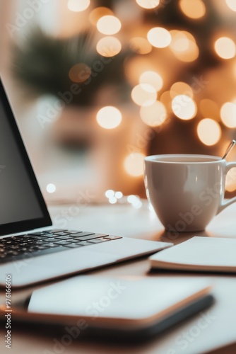 laptop and coffee cup on a desk photo