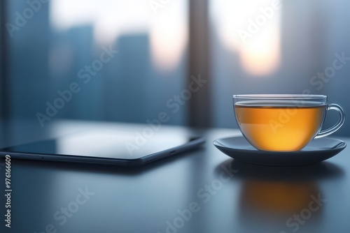 tea and coffee on a table with a city view photo