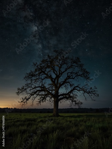 Lonely tree against the night sky.