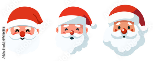Set of cartoon Santa Claus heads or face in flat style. Vector illustration